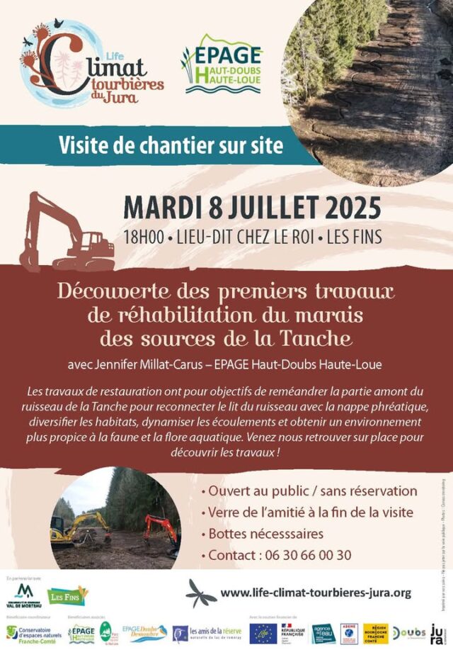👷VISITE DE CHANTIER - REHABILITATION DU MARAIS DE LA TANCHE

Les Fins
LIFE Programme
Conservatoire d'espaces naturels de Franche-Comté
EPAGE Doubs Dessoubre
#lesamisdelareserve
Département du Doubs
Conseil départemental du Jura
Région Bourgogne-Franche-Comté
#Agence de l'eau Rhône Méditerranée Corse
#Communauté de communes Val de Morteau
ADEME Bourgogne-Franche-Comté